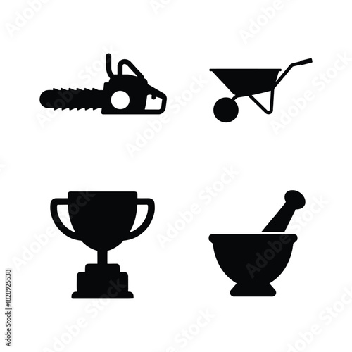 Four black silhouette icons of a chainsaw wheelbarrow trophy and mortar pestle vector