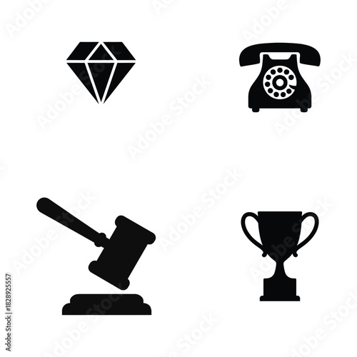 Four black silhouette icons of a diamond, rotary phone, gavel, and trophy Keywords: diamond, gem, jewel, precious