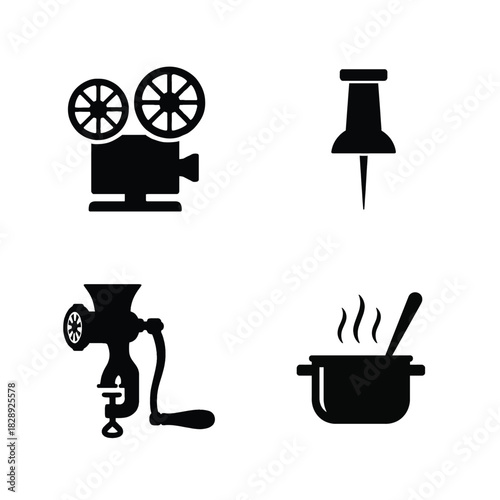 Four black silhouette icons of a film projector a pushpin a meat grinder and a cooking pot Keywords: film projector