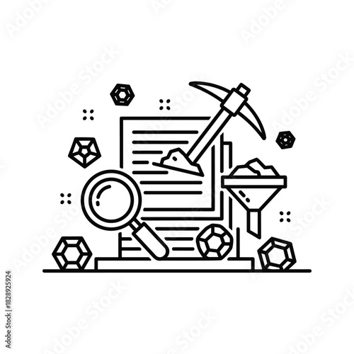 Gemstone mining research analysis with pickaxe, funnel, and magnifying glass