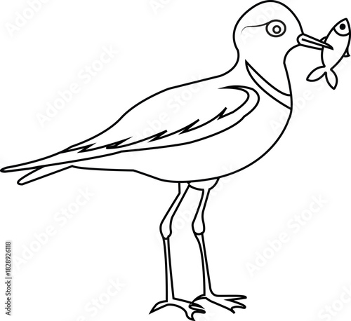 Black and white vector illustration of a cute cartoon bird with a catch and wing design