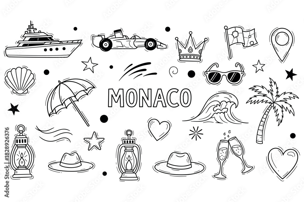Naklejka premium Monaco icons: yachts, formula 1, palm trees, landmarks, and lifestyle elements in black and white