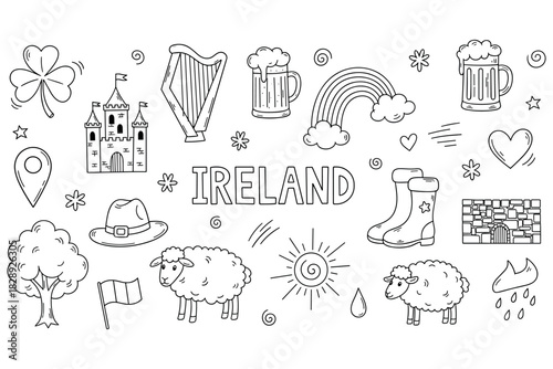 Ireland doodles: shamrock, sheep, harp, rainbow, and irish castle
