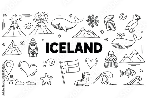 Iceland sketch elements: volcanoes, whales, winter gear, and national symbols