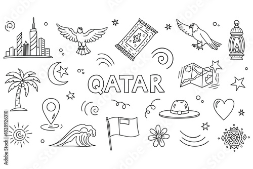 Qatar symbols and highlights: skylines, birds, cultural icons, and nature elements