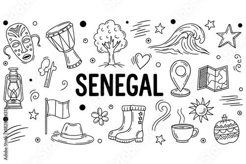 Senegal icons: culture, nature, music, and landmarks doodle art