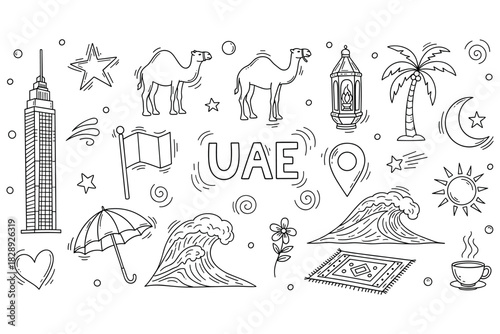 Dubai sketch elements: camels, skyscrapers, palm trees, uae symbols