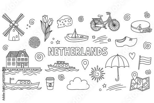 Netherlands icons: windmill, bicycle, tulips, cheese, canal, boat, stroopwafel, clogs