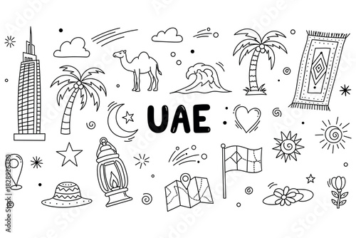 Uae symbols: doodles of desert, palm trees, camel, skyscraper, and beach elements