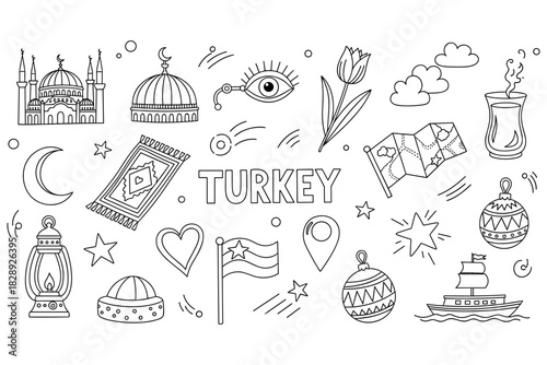 Turkey doodle art: icons of culture and tradition with turkish symbols