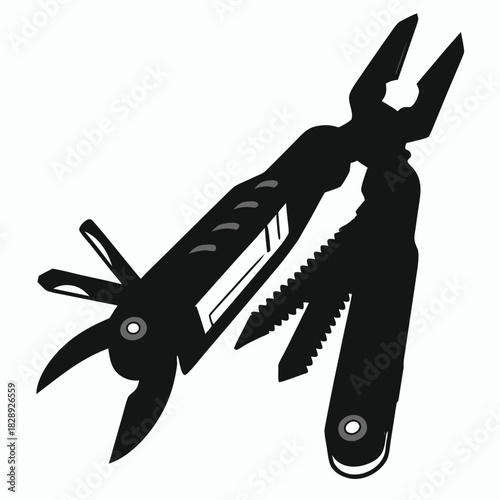 Multitool with Variety Tools in Black Silhouette Handy Equipment and Survival Gear