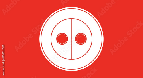 Abstract minimalist design with red background featuring a stylized face or button pattern