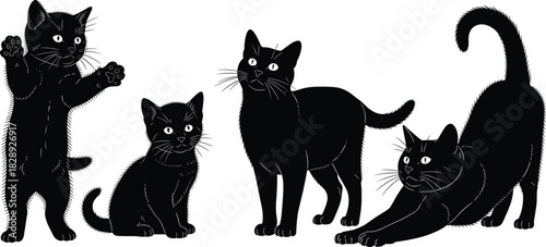 Set of four expressive cat silhouettes in varied poses including standing, sitting, walking, and stretching for pet design themes