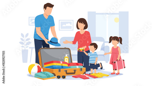 Family packing suitcases and preparing for a summer vacation together. Ideal for travel content, family lifestyle, holiday planning, and joyful seasonal illustrations