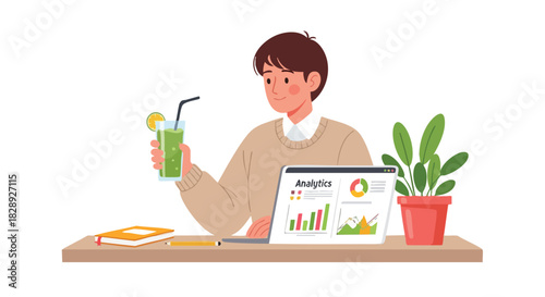 A young man, seated at a desk with a laptop displaying analytics, enjoys a refreshing green beverage with a lemon slice while a potted plant sits nearby.