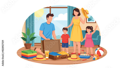 Family packing suitcases and preparing for a summer vacation together. Ideal for travel content, family lifestyle, holiday planning, and joyful seasonal illustrations