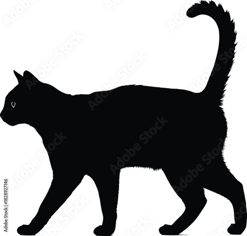 Silhouette of a walking cat with raised curved tail and detailed fur for pet, motion, and minimalist design themes