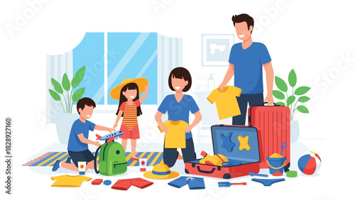 Family packing suitcases and preparing for a summer vacation together. Ideal for travel content, family lifestyle, holiday planning, and joyful seasonal illustrations