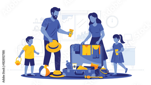 Family packing suitcases and preparing for a summer vacation together. Ideal for travel content, family lifestyle, holiday planning, and joyful seasonal illustrations