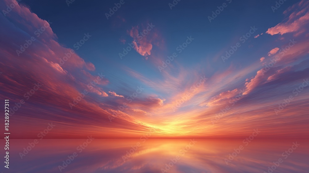 Fototapeta premium Breathtaking Sunset Over Calm Water with Vibrant Clouds and Reflective Surface Captured in Stunning Colors of Blue, Pink, and Orange at Dusk