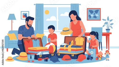 Family packing suitcases and preparing for a summer vacation together. Ideal for travel content, family lifestyle, holiday planning, and joyful seasonal illustrations