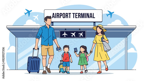 Family walking with passports and luggage toward an airport terminal for their summer holiday. Ideal for travel, tourism, and family vacation themes