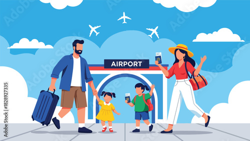 Family walking with passports and luggage toward an airport terminal for their summer holiday. Ideal for travel, tourism, and family vacation themes