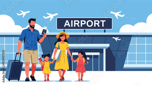 Family walking with passports and luggage toward an airport terminal for their summer holiday. Ideal for travel, tourism, and family vacation themes