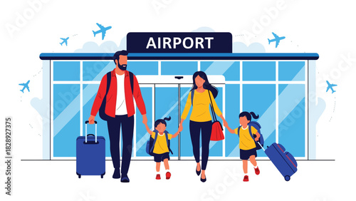 Family walking with passports and luggage toward an airport terminal for their summer holiday. Ideal for travel, tourism, and family vacation themes