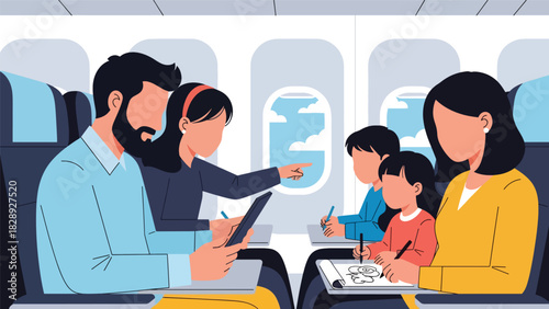 Family sitting comfortably in airplane seats while traveling for their summer holiday. Ideal for aviation, family travel, and vacation journey themes