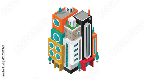 A vibrant, isometric illustration depicts a cluster of colorful, modern buildings with unique architectural designs, showcasing a playful urban cityscape against a clean white background.