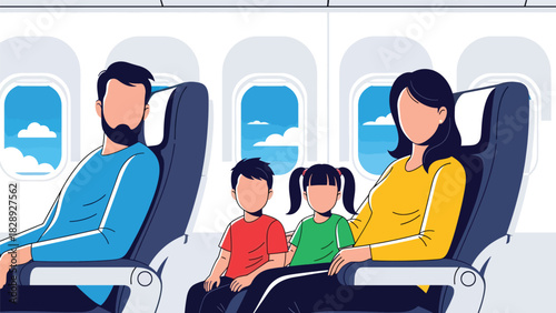 Family sitting comfortably in airplane seats while traveling for their summer holiday. Ideal for aviation, family travel, and vacation journey themes