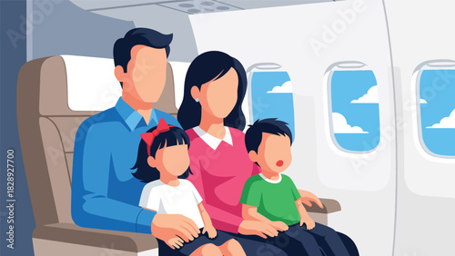 Family sitting comfortably in airplane seats while traveling for their summer holiday. Ideal for aviation, family travel, and vacation journey themes