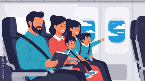 Family sitting comfortably in airplane seats while traveling for their summer holiday. Ideal for aviation, family travel, and vacation journey themes