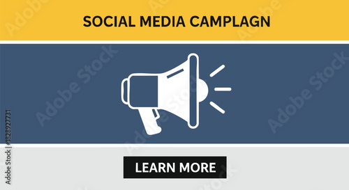 A vector illustration depicts a social media campaign concept with a megaphone icon, suggesting promotion and advertising, perfect for marketing materials and online content.
