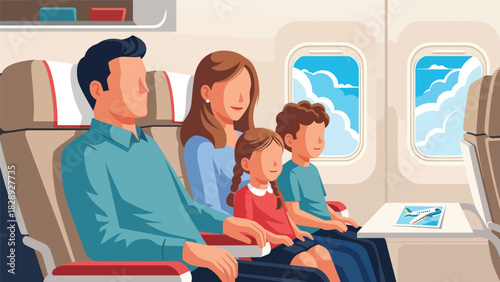 Family sitting comfortably in airplane seats while traveling for their summer holiday. Ideal for aviation, family travel, and vacation journey themes