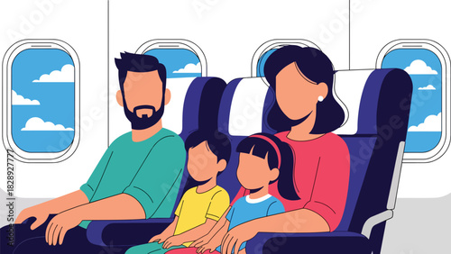 Family sitting comfortably in airplane seats while traveling for their summer holiday. Ideal for aviation, family travel, and vacation journey themes