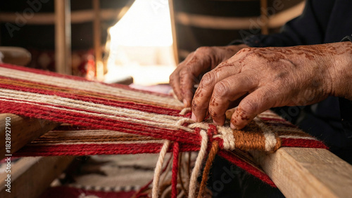 Close-up of elderly Bedouin artisan hands with henna weaving traditional red Sadu wool textile on wooden loom