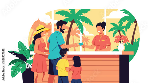 Family checking into a beach resort for their summer holiday. Ideal for travel lifestyle, resort stay, tourism, and family vacation illustrations