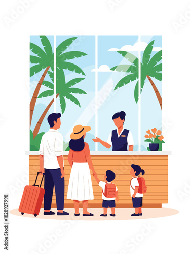 Family checking into a beach resort for their summer holiday. Ideal for travel lifestyle, resort stay, tourism, and family vacation illustrations
