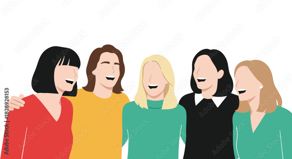 Obraz premium A diverse group of five women stand together, laughing and embracing in a colorful, vector illustration, representing friendship and camaraderie with a clean, modern aesthetic.