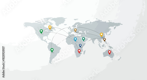 A digitally rendered world map showcases interconnected global locations, highlighting travel routes and international business connections against a clean, light grey background.