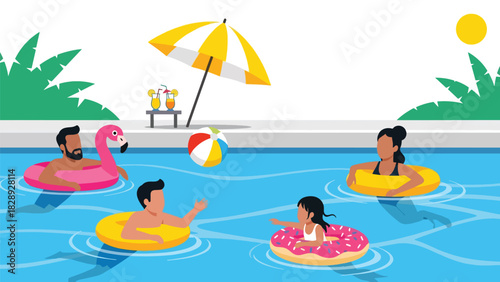 Family swimming and relaxing in a hotel pool during their summer vacation. Ideal for holiday fun, leisure activities, and sunny travel lifestyle scenes
