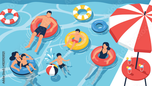 Family swimming and relaxing in a hotel pool during their summer vacation. Ideal for holiday fun, leisure activities, and sunny travel lifestyle scenes