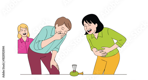 A group of people, including a man and woman, are laughing hysterically while looking at a small green object, conveying joy and amusement in a lighthearted cartoon illustration.