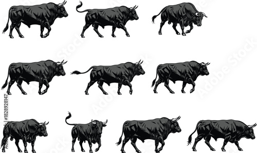 Bull sprite sheet, various animation frames, black bull, movement, charge, dynamic, animal, wildlife, farm, livestock, action, vector, illustration, graphic, sequence, power.