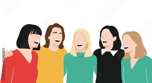 A diverse group of five women stand together, laughing and embracing in a colorful, vector illustration, representing friendship and camaraderie with a clean, modern aesthetic.