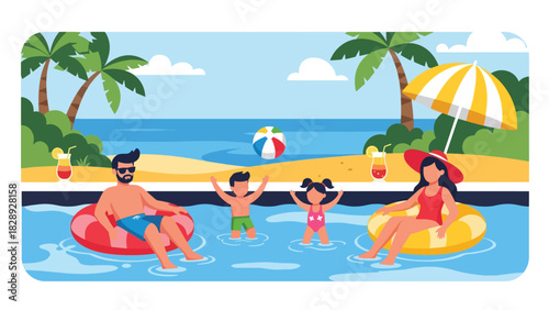 Family swimming and relaxing in a hotel pool during their summer vacation. Ideal for holiday fun, leisure activities, and sunny travel lifestyle scenes