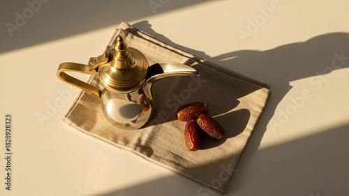 Minimalist top view of silver and gold Arabic coffee Dallah with dates on linen napkin in harsh sunlight with shadows