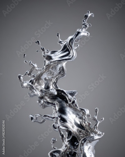 Silver Liquid Splash - Dynamic Metallic Flow Against Gray Background, Abstract Sculpture.